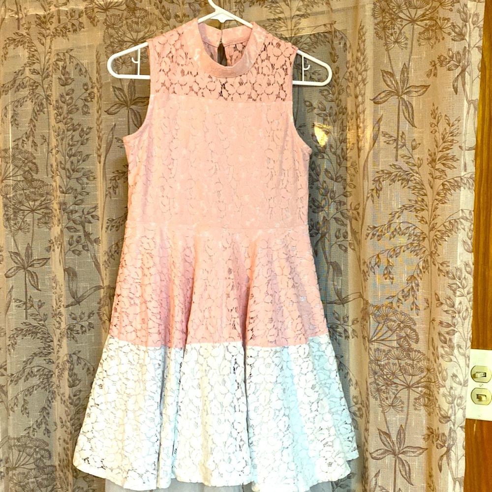 Girls light pink and white Vite AJCP sleeveless lace dress